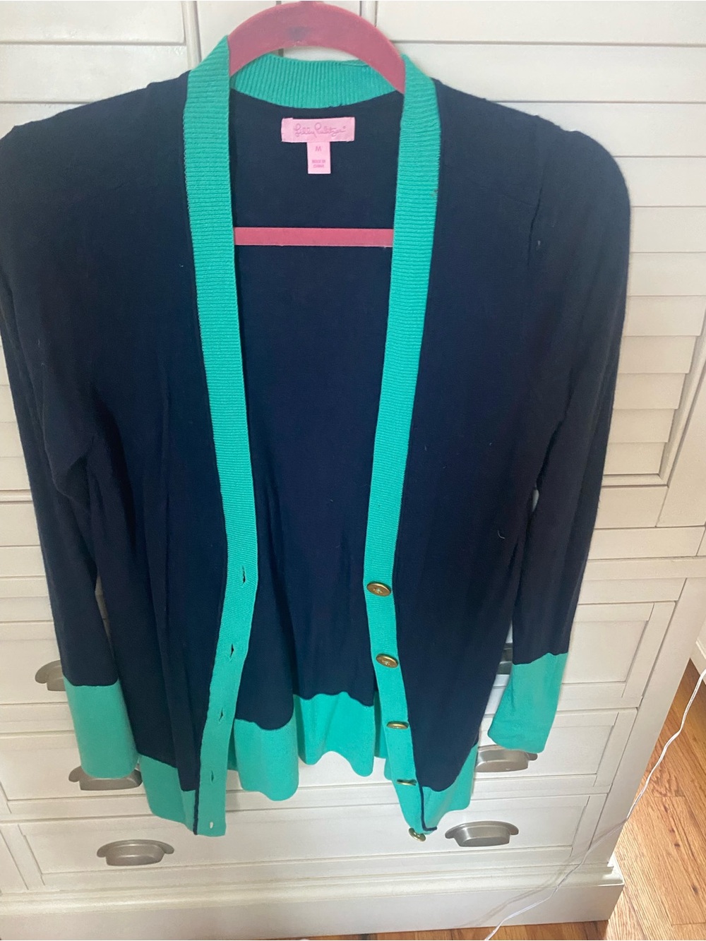 Lilly Pulitzer Navy Cardigan with Teal Trim and Gold Buttons